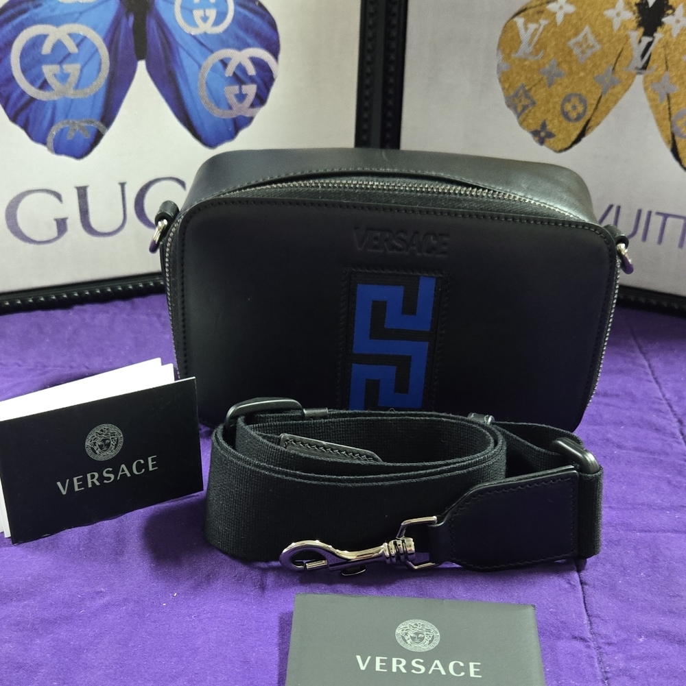 Versace Black and Royal Blue La Greca Crossbody Shoulder Bag